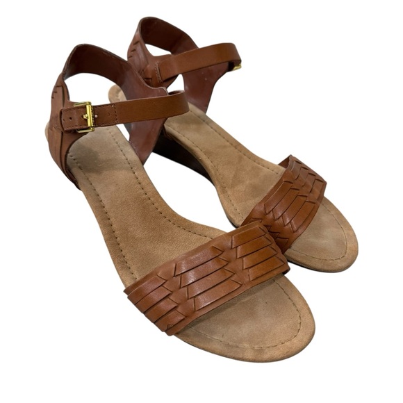 Lauren Ralph Lauren Brown Leather Woven Sandals Wood Heel Size 10 - Picture 2 of 11